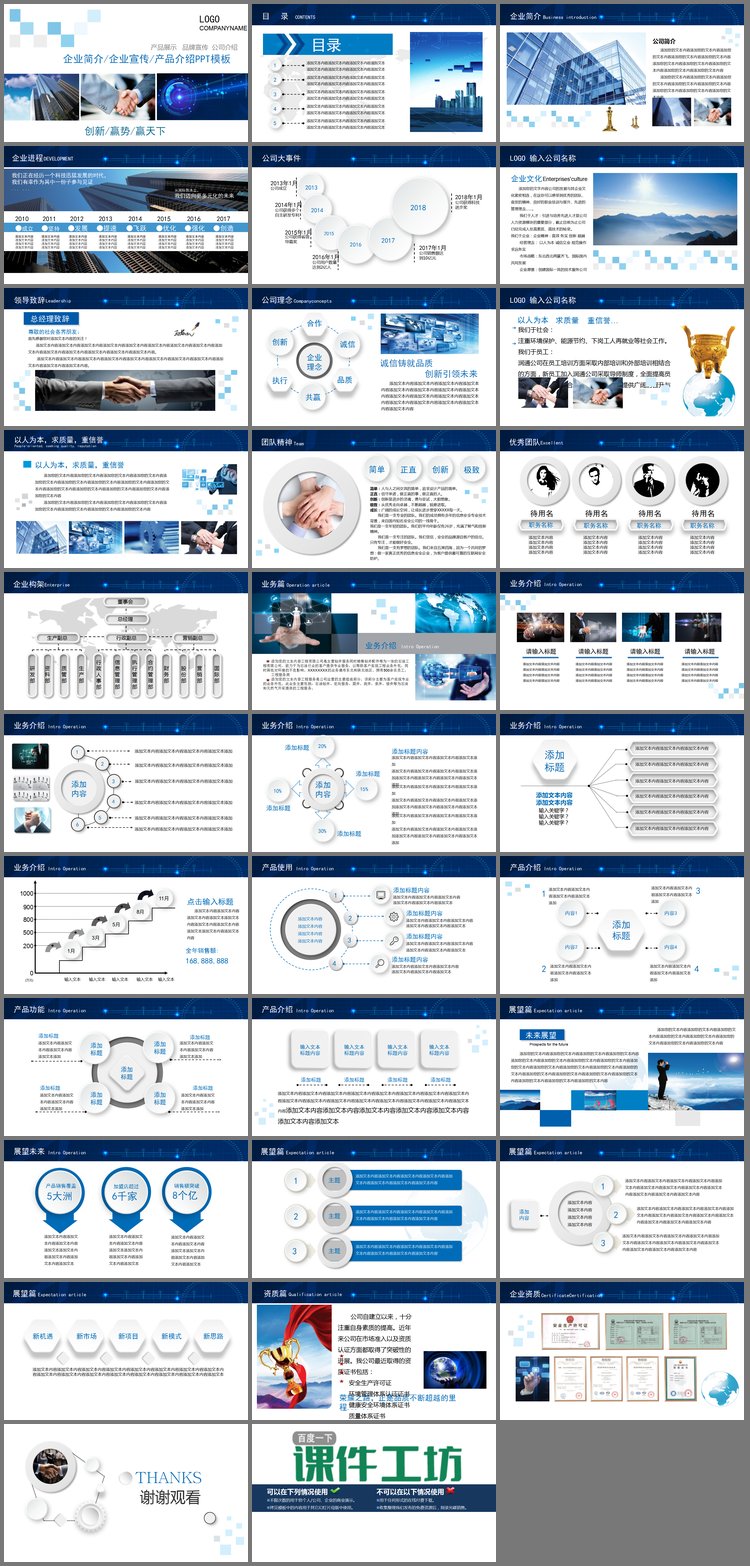 PPT模板-蓝色图文排版设计企业宣传公司简介PPT模板