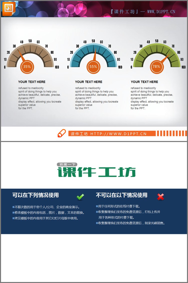 PPT模板-三个仪表盘背景的PPT图表模板