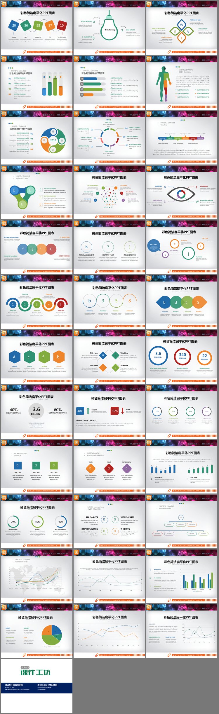PPT模板-38张简洁彩色扁平化PPT图表合集