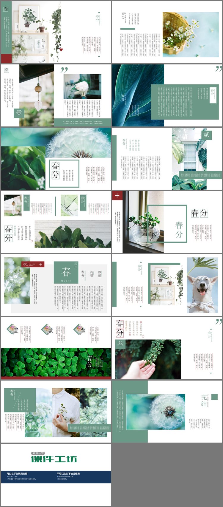 PPT模板-小清新植物画册背景春分PPT模板