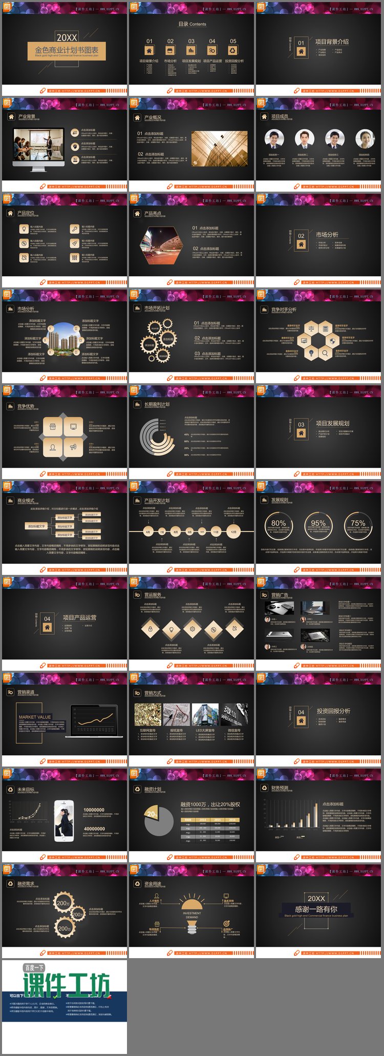 PPT模板-精致扁平化黑金创业融资PPT图表大全