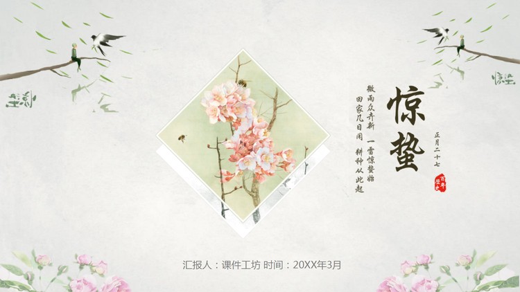 小清新水彩花卉燕子背景的惊蛰PPT模板