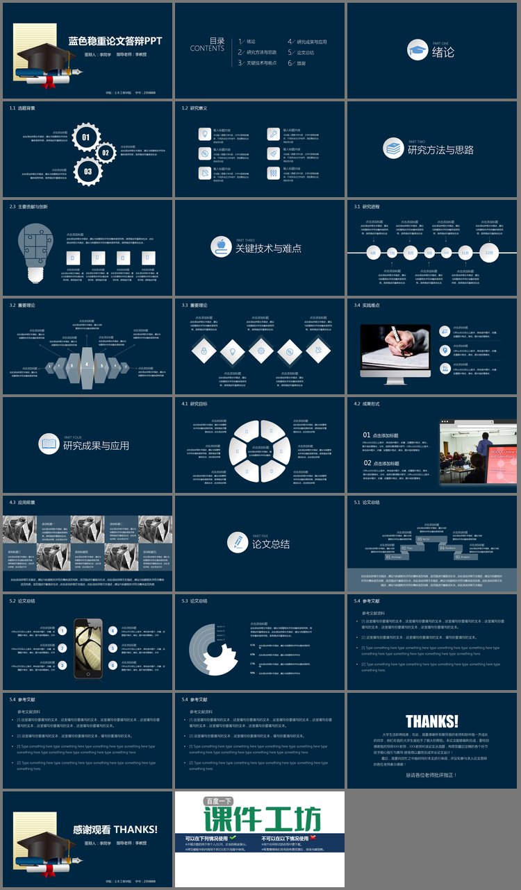 PPT模板-蓝色稳重毕业论文答辩PPT模板