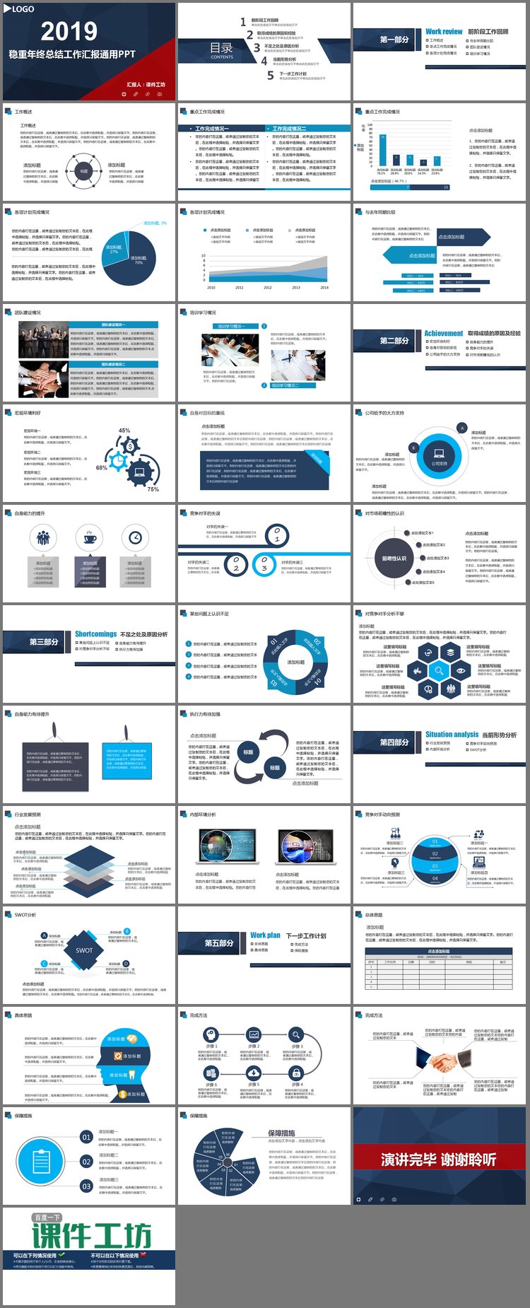 PPT模板-蓝红搭配的稳重实用工商务汇报PPT模板