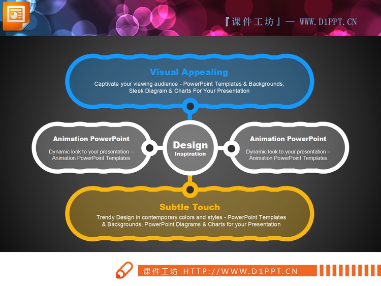 简洁线条样式的五节点聚合关系PPT图表素材