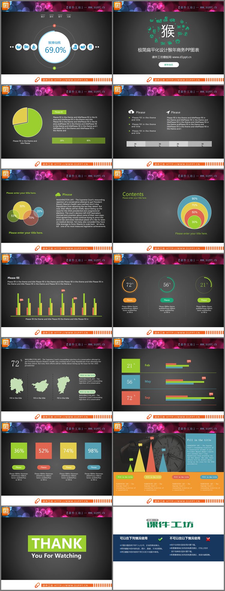 PPT模板-彩色扁平化猴年商务PPT图表