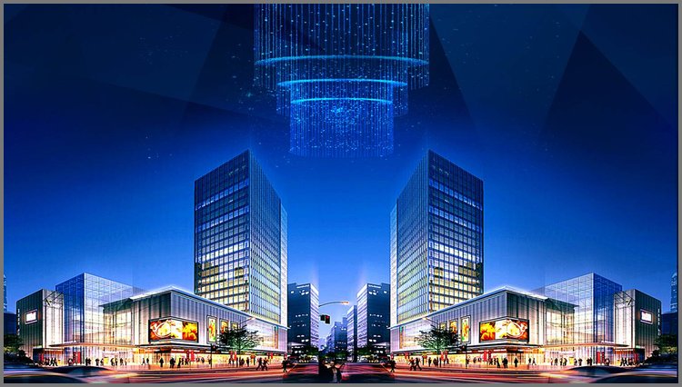 PPT模板-蓝色商业建筑效果图PPT背景图片