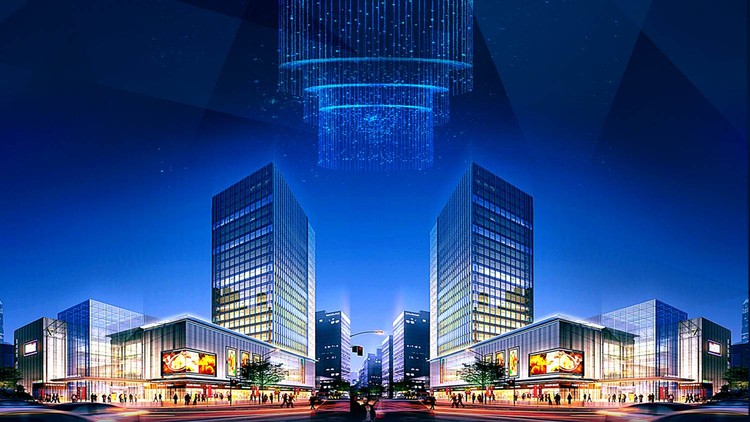 蓝色商业建筑效果图PPT背景图片