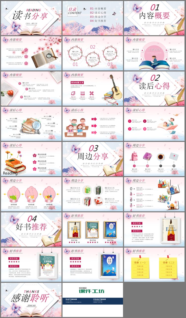 PPT模板-唯美樱花蝴蝶背景的读书分享会PPT模板