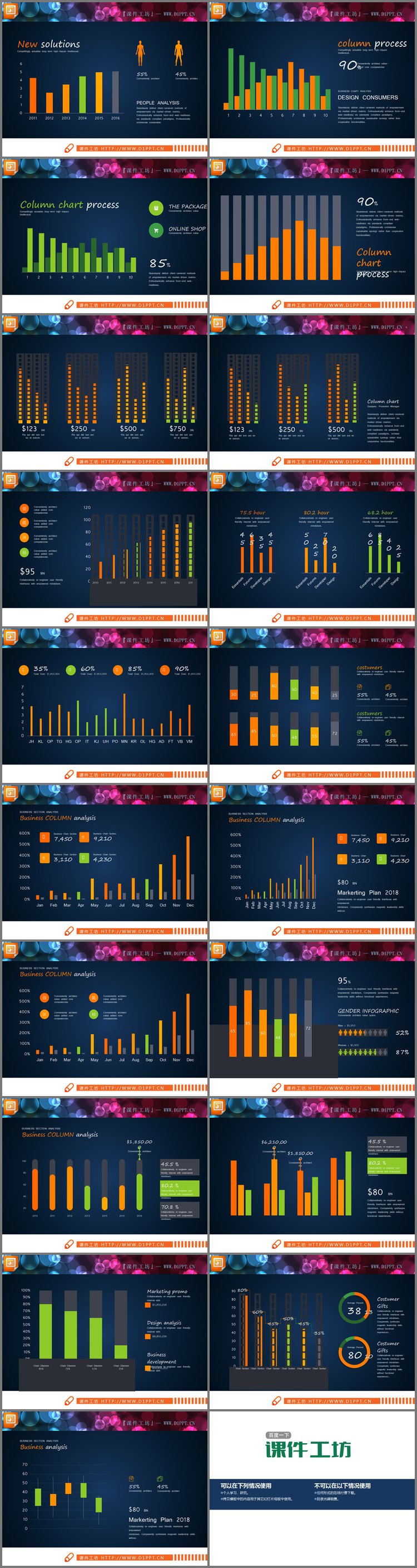 PPT模板-19张彩色实用PPT柱状图