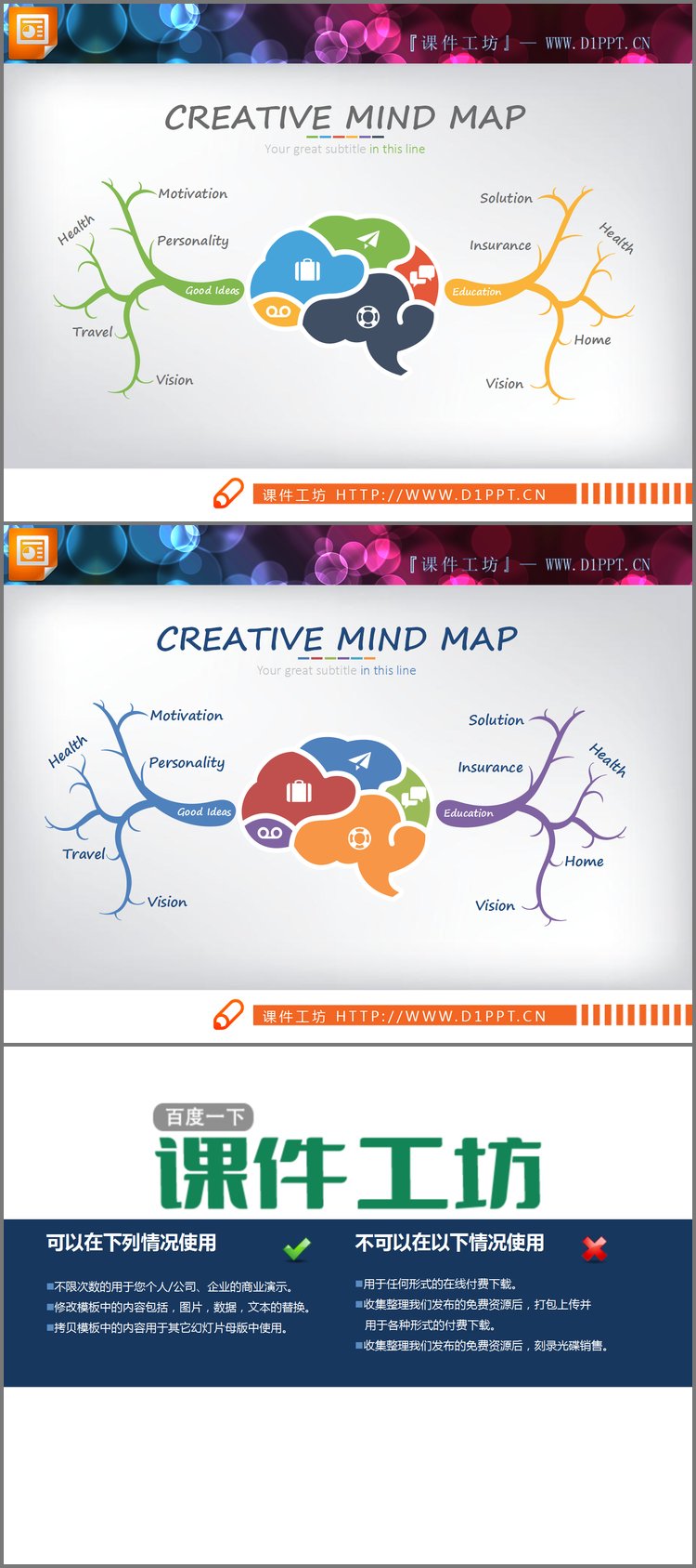 PPT模板-两张人脑扩散思维PPT图表