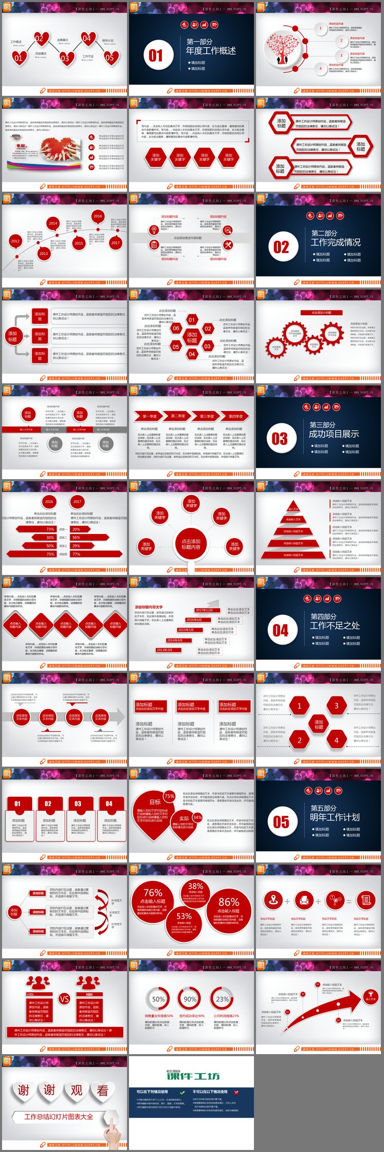 PPT模板-红色微立体工作总结PPT图表大全
