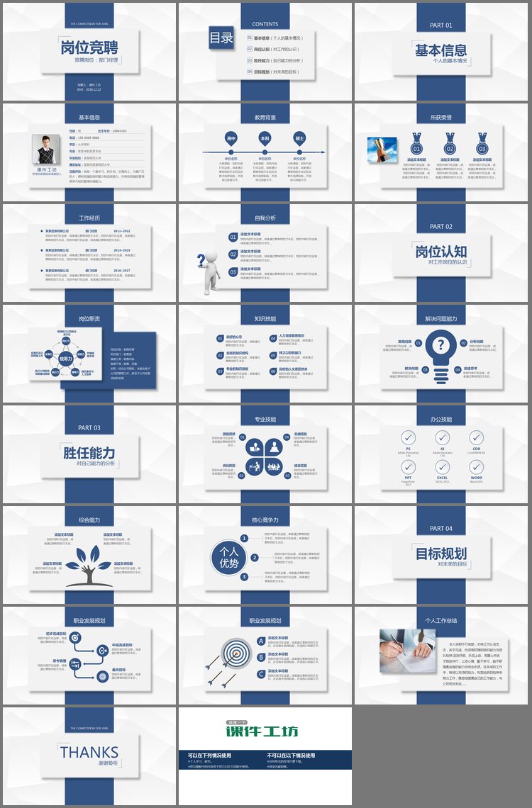 PPT模板-蓝色实用岗位竞聘PPT模板