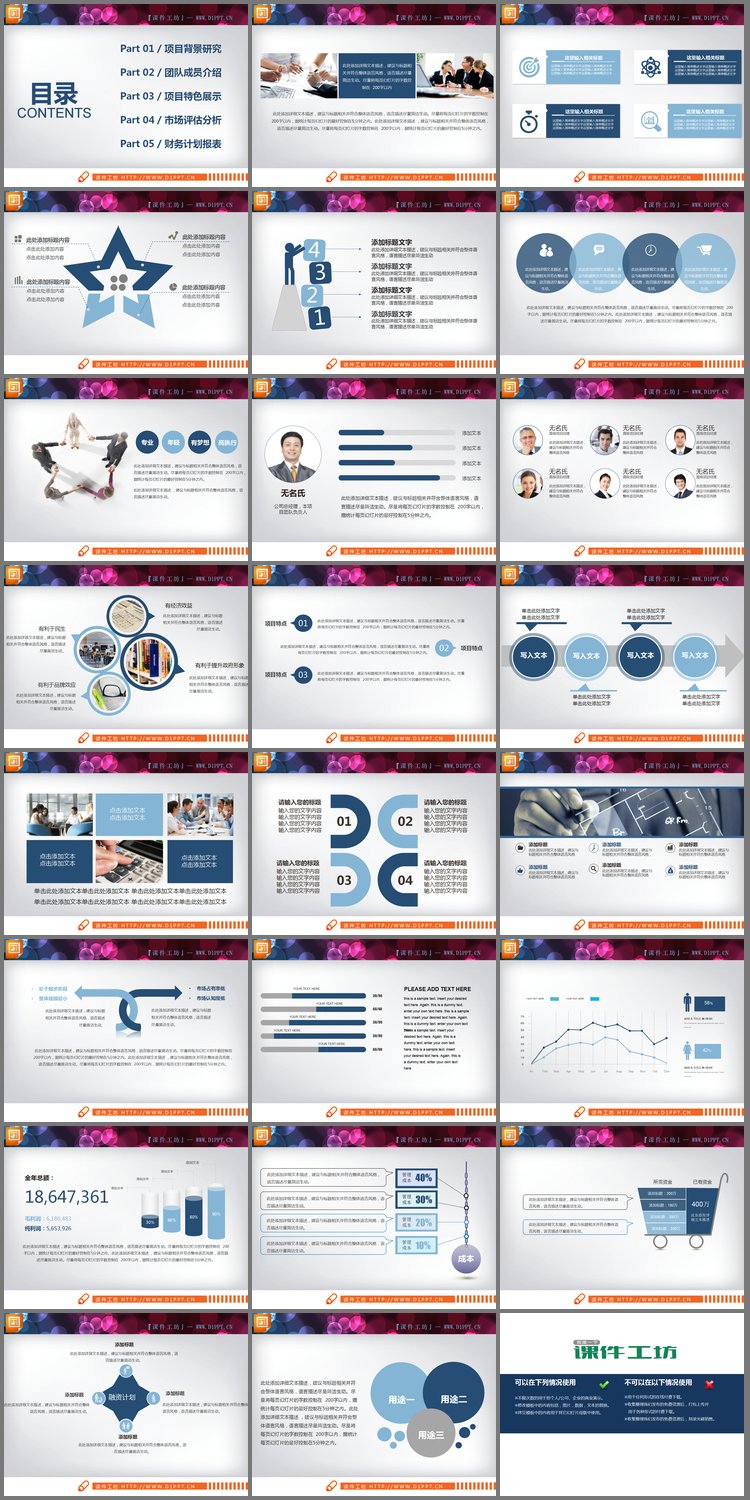 PPT模板-蓝色图片背景商业计划书PPT图表下载