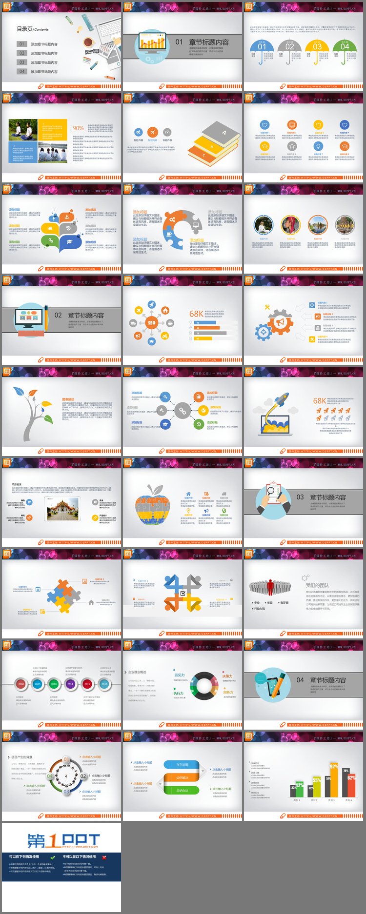 PPT模板-彩色动态扁平化年度工作总结PPT图表大全