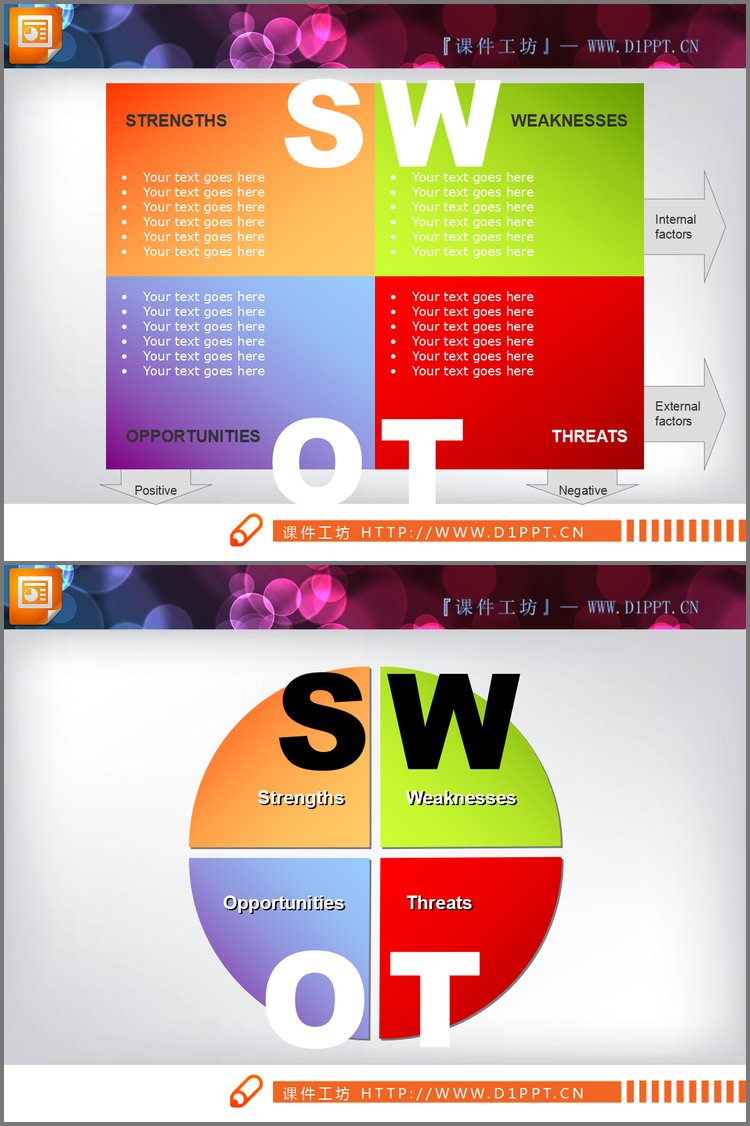 PPT模板-2张并列关系的SWOT分析幻灯片图表素材