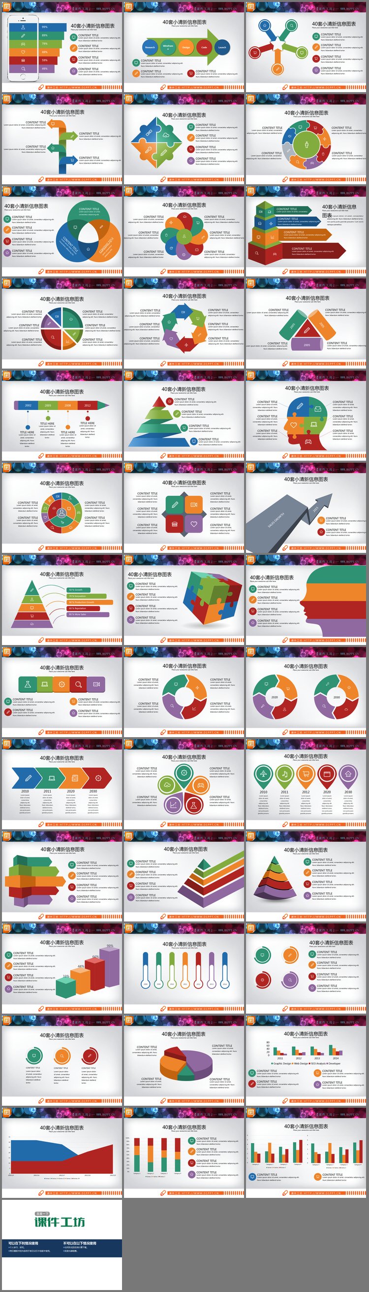 PPT模板-40张彩色小清新PPT图表合集