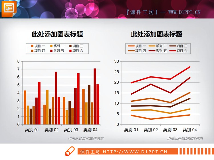 一组幻灯片折线图与柱状图组合PPT模板