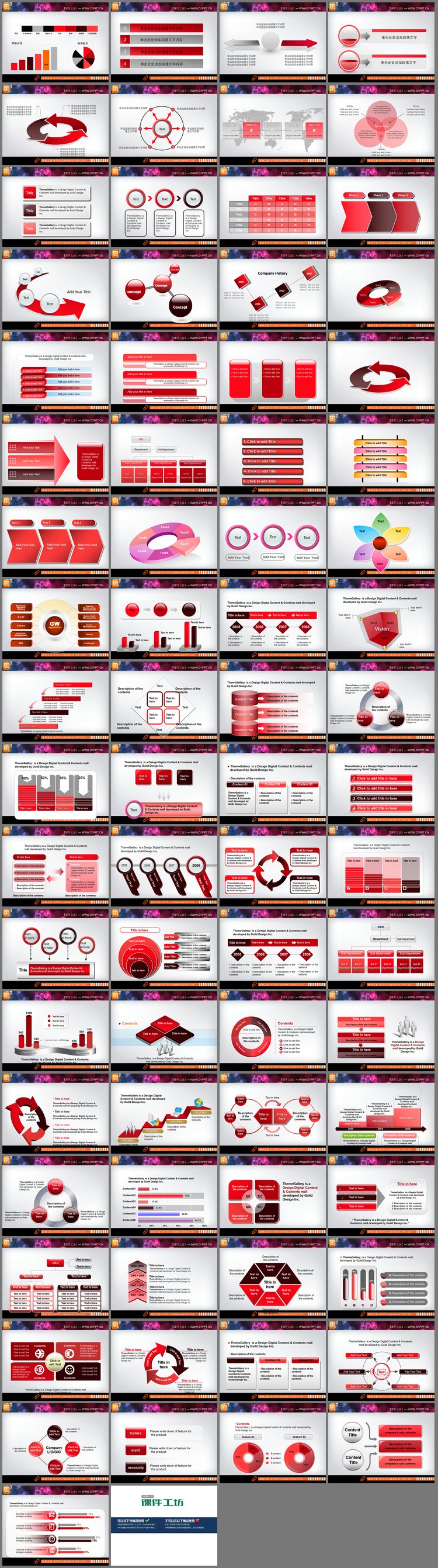 PPT模板-红色幻灯片图表大全打包下载