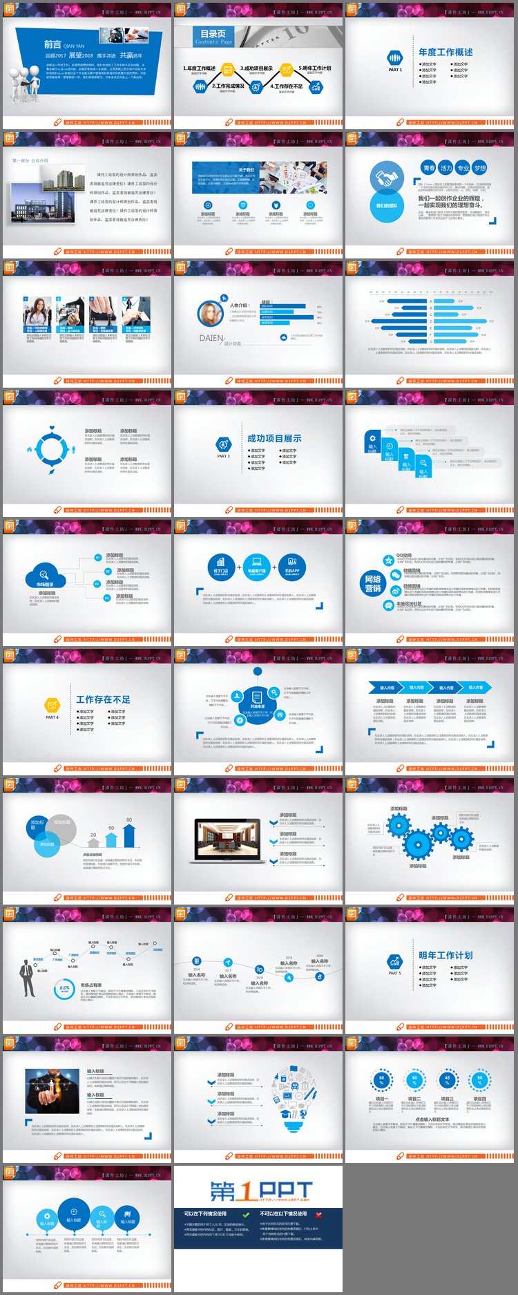 PPT模板-蓝色动态年度工作总结PPT图表大全
