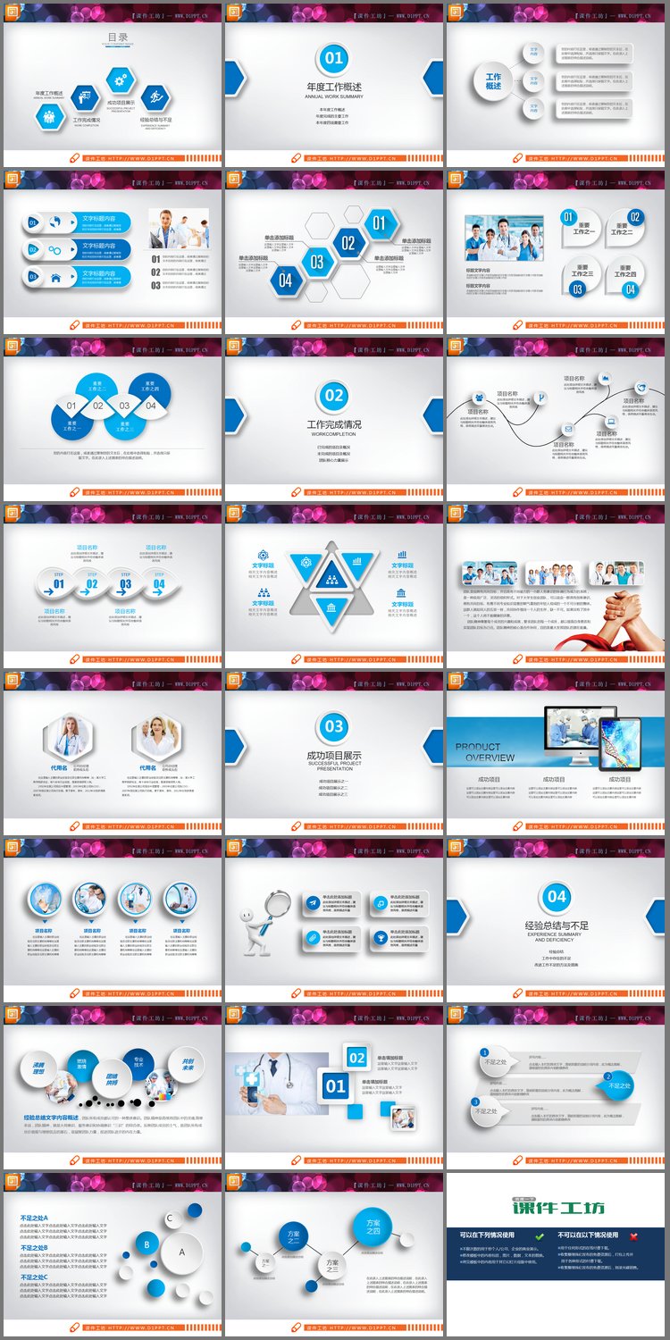PPT模板-蓝色微立体医疗行业PPT图表