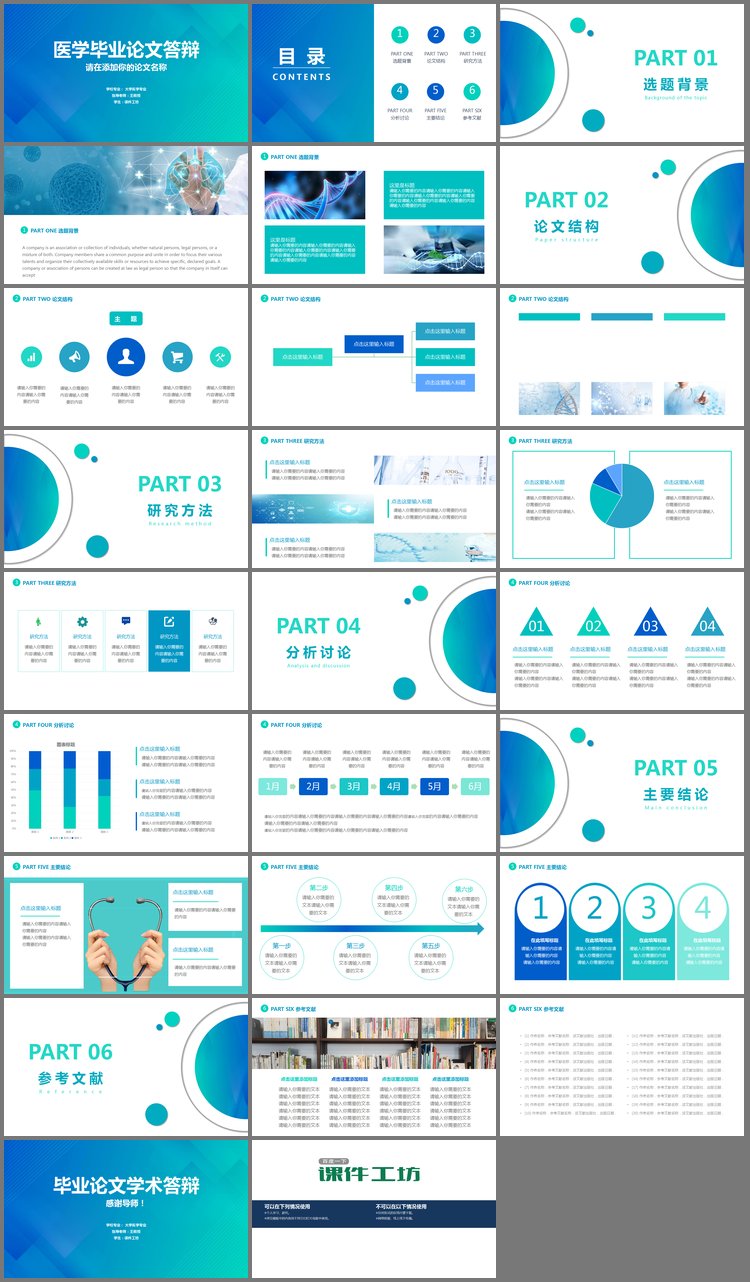 PPT模板-清新蓝绿配色医学类毕业论文答辩PPT模板