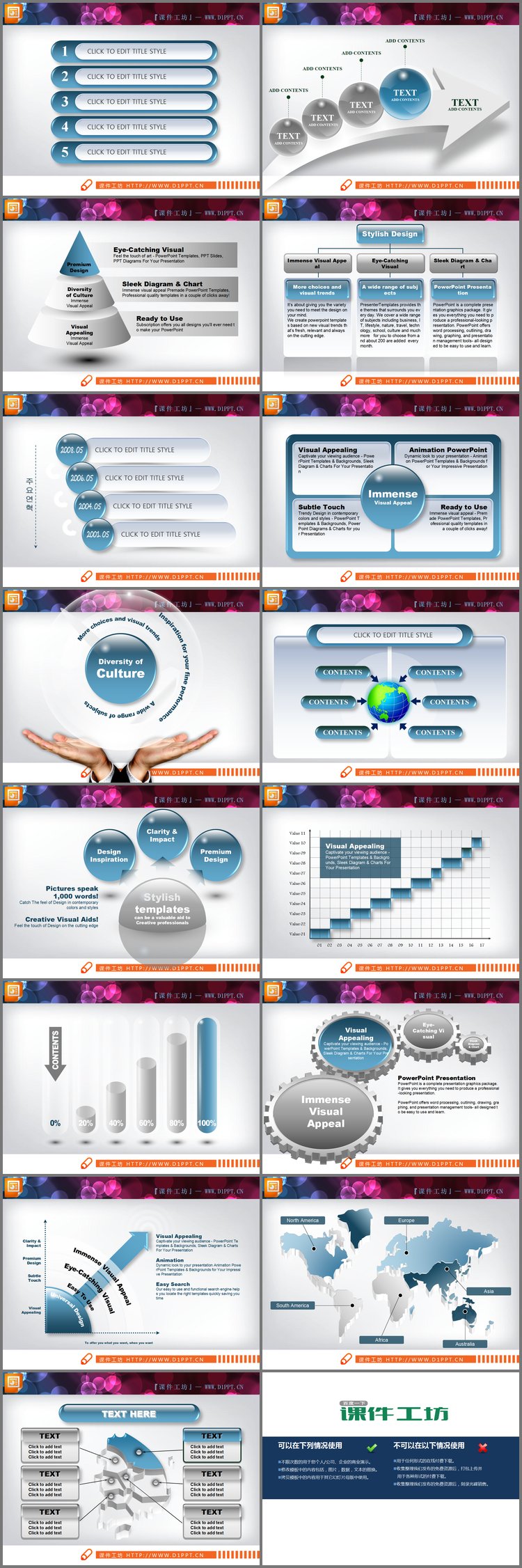 PPT模板-高雅蓝色幻灯片图表模板打包下载