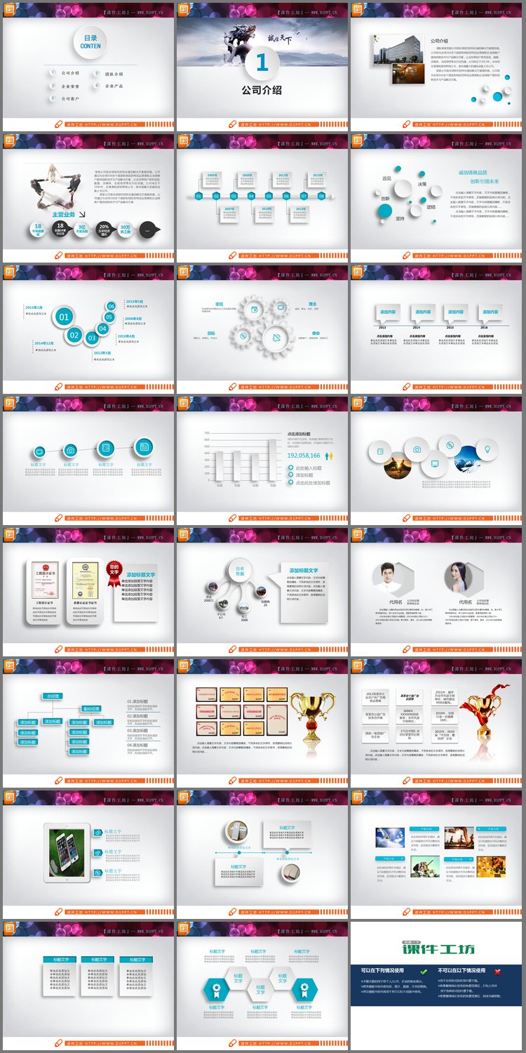 PPT模板-蓝色微立体公司简介PPT图表