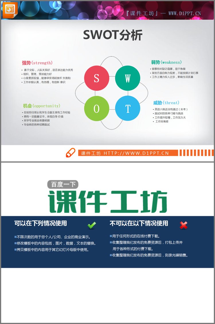 PPT模板-彩色扁平化swot分析PPT图表免费下载
