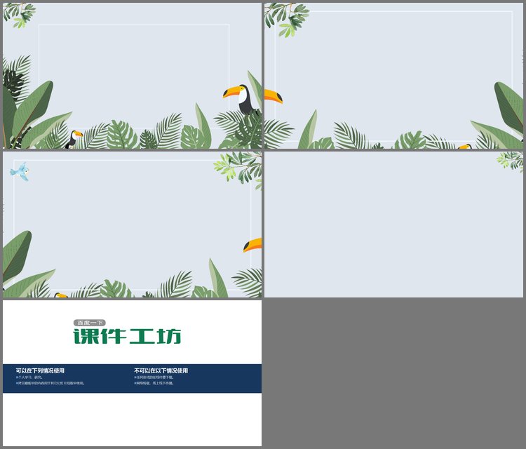PPT模板-四张卡通大嘴鸟阔叶植物叶子PPT背景图片
