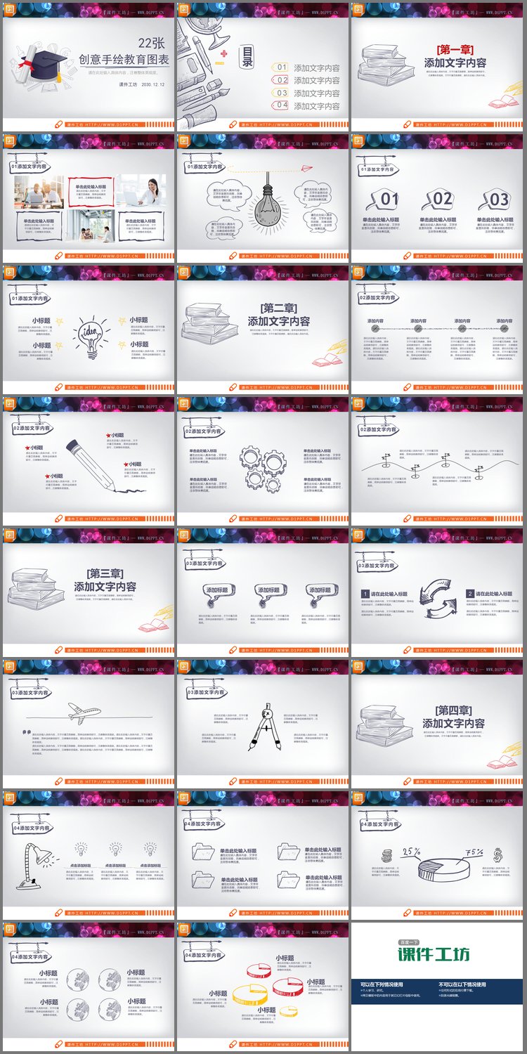 PPT模板-22张手绘教育培训PPT图表