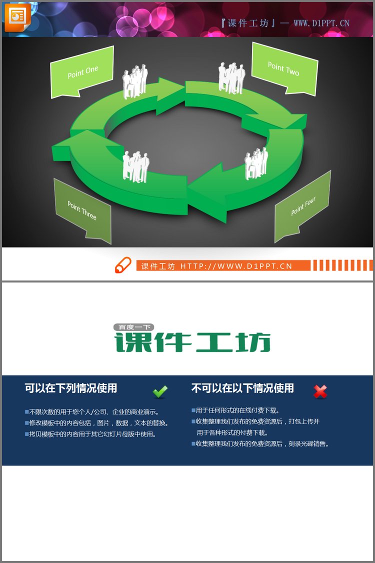 PPT模板-带白色小人的绿色循环关系PPT图表