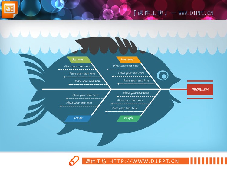 蓝色罗非鱼造型的PPT鱼骨图
