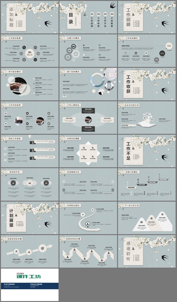 PPT模板-梨花燕子背景的唯美春天PPT主题模板