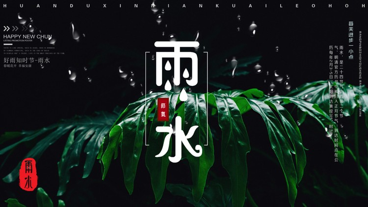 雨滴与绿叶背景的雨水节气PPT模板