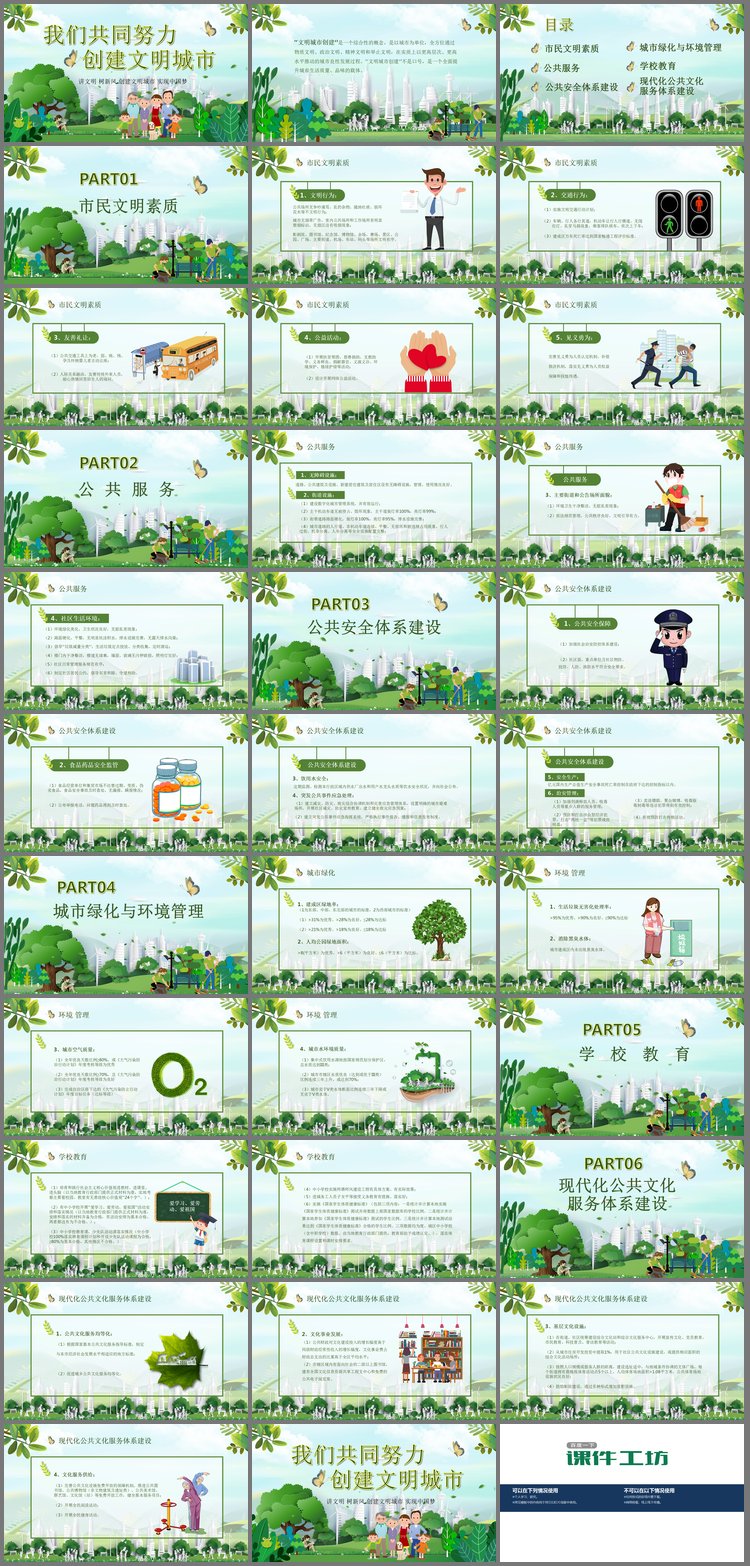 PPT模板-绿色清新我们共同努力创建文明城市PPT模板