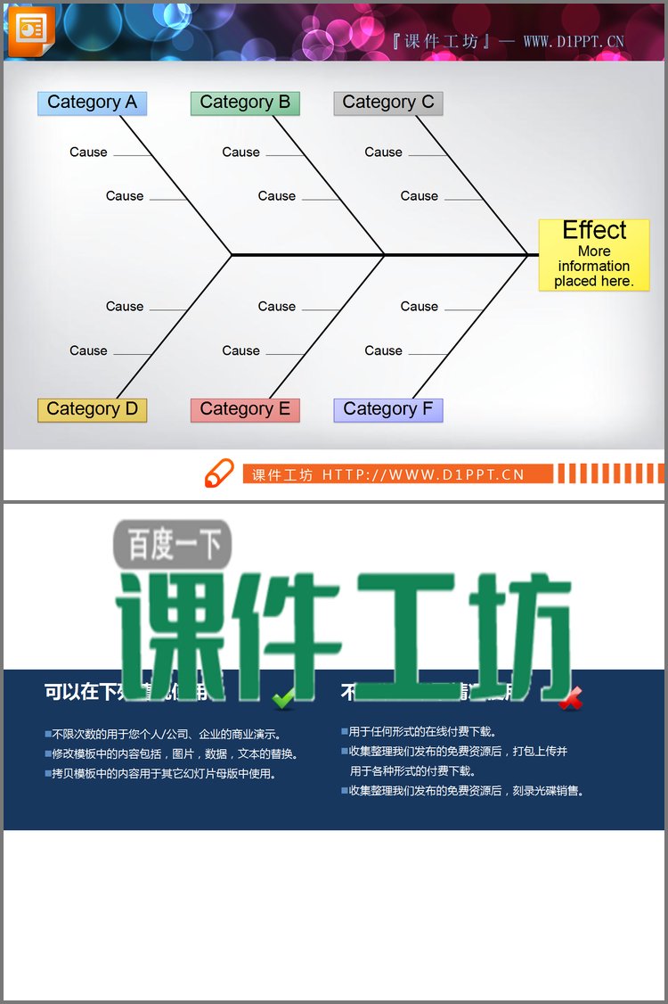 PPT模板-橙色简洁幻灯片鱼骨图