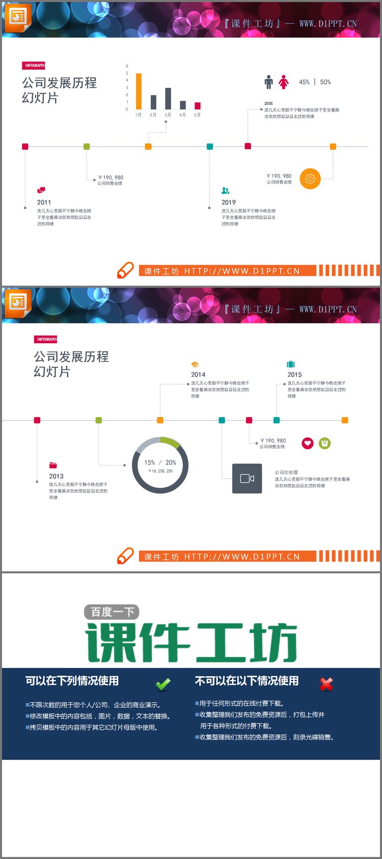 PPT模板-两张彩色扁平化公司发展历程PPT时间轴