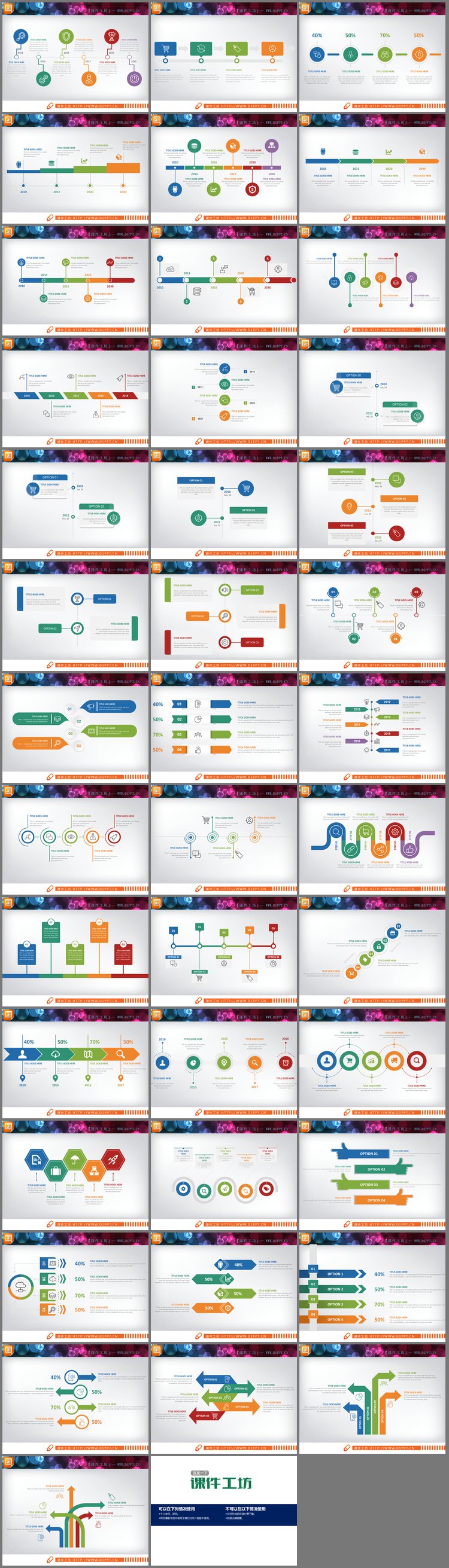 PPT模板-40页彩色扁平化PPT时间轴