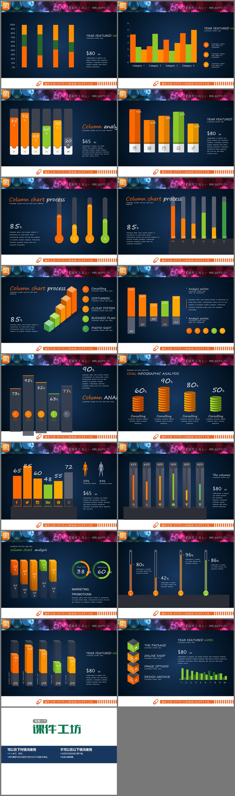 PPT模板-16张绿橙配色的PPT柱状图