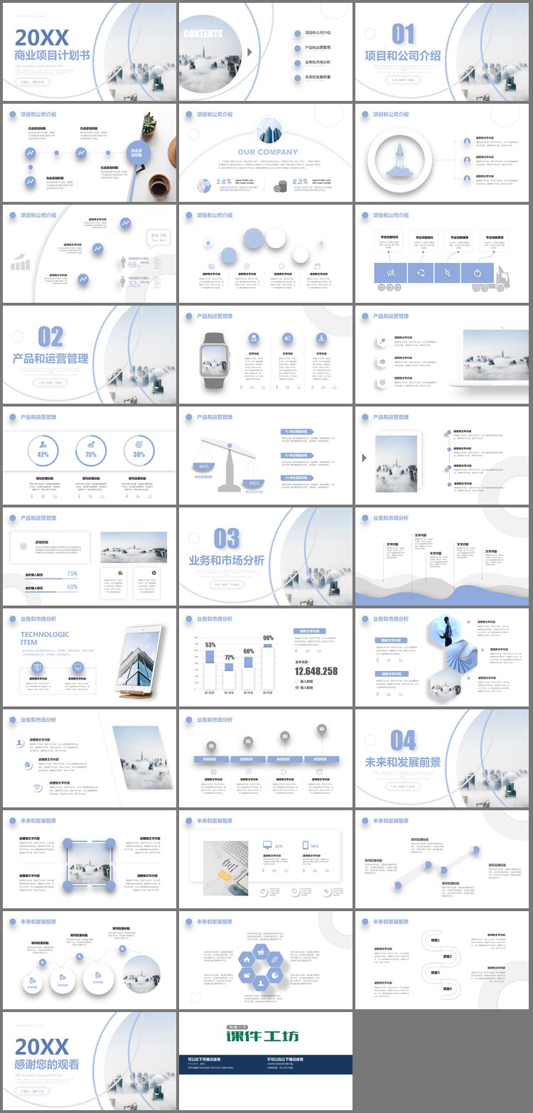 PPT模板-蓝色大气建筑背景商业项目计划书PPT模板免费下载