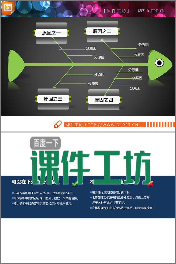 PPT模板-绿色可爱PPT鱼骨图