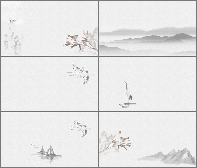 PPT模板-六张水墨花鸟中国风PPT背景图片