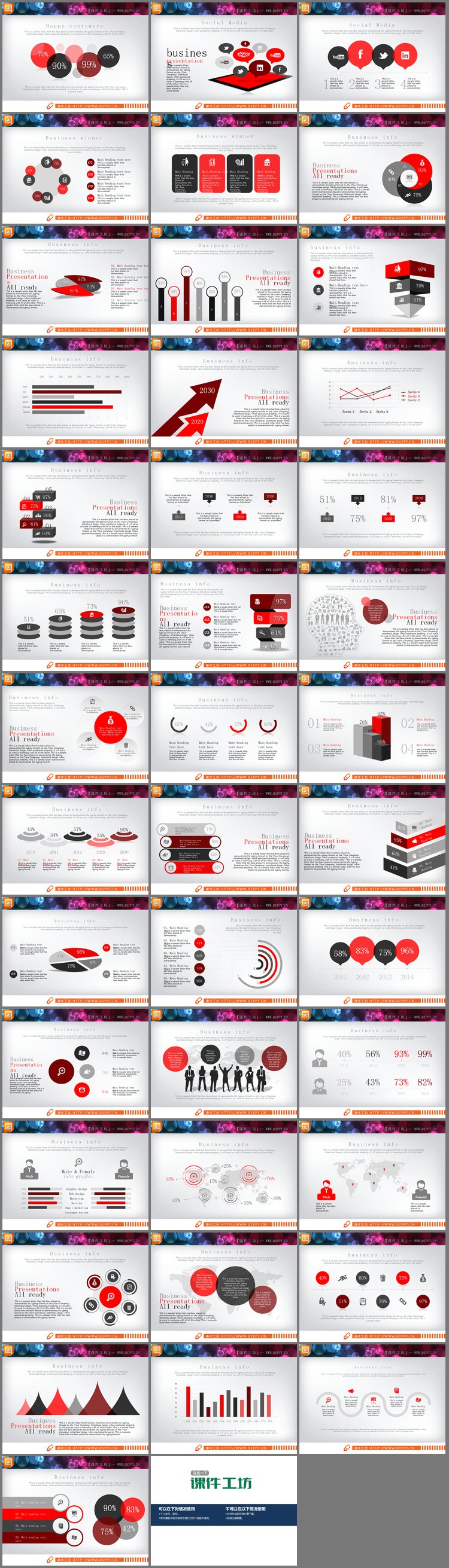 PPT模板-40页红黑扁平化商务PPT图表大全