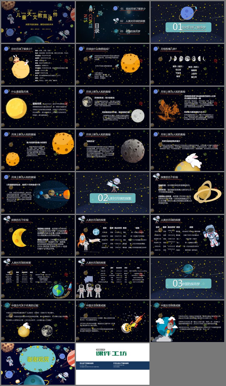 PPT模板-卡通太空主题的儿童天文教育之月球探索PPT课件