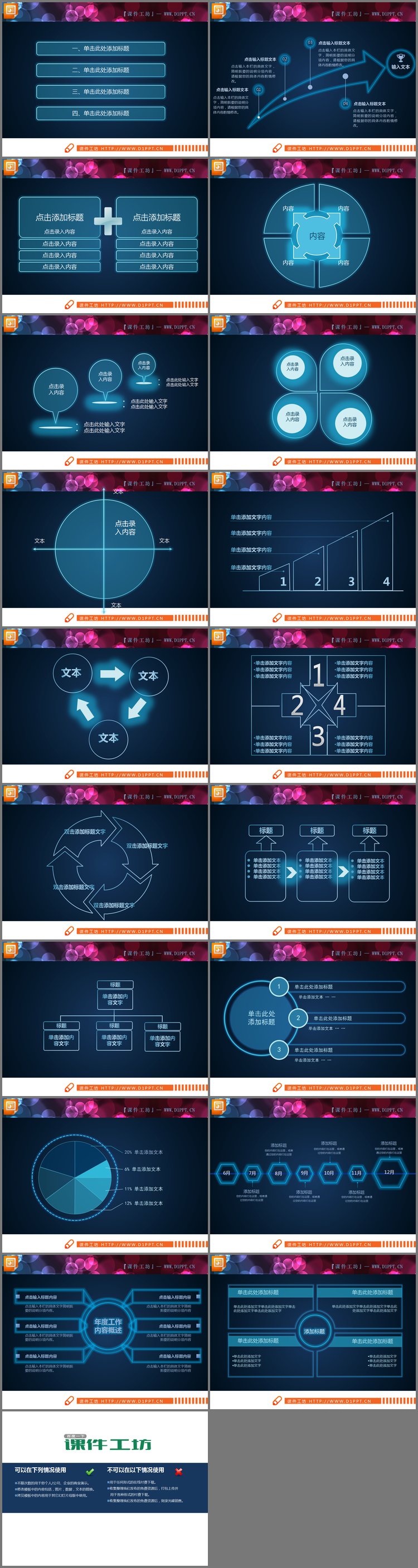 PPT模板-蓝色荧光细线风格PPT图表整套下载