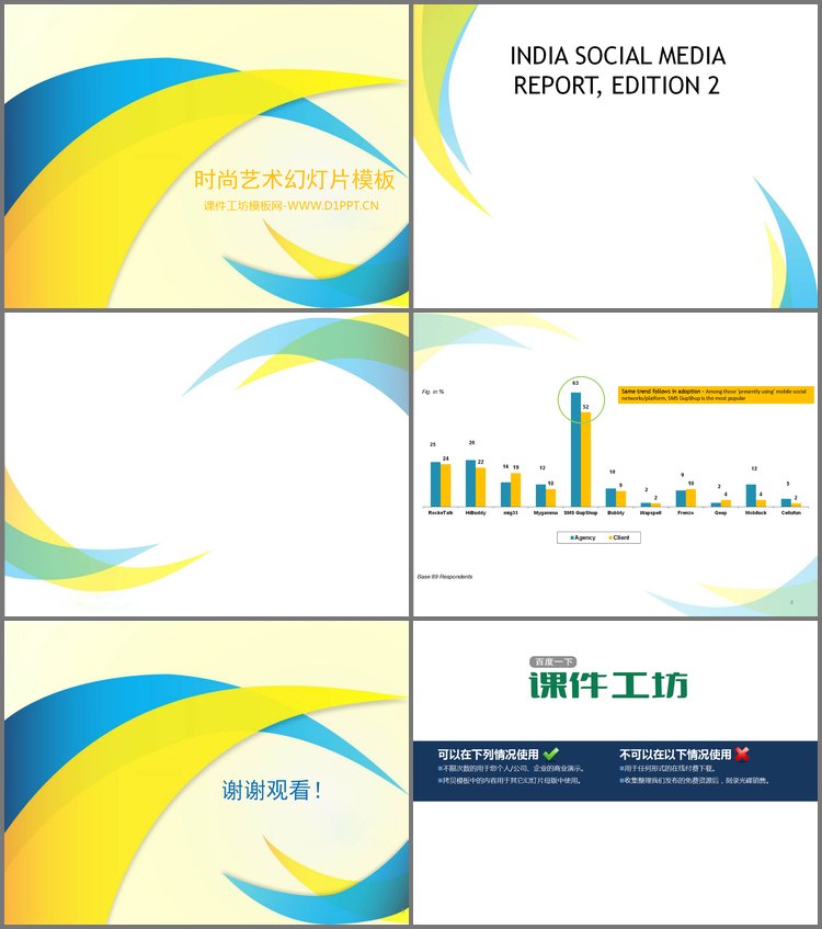 PPT模板-黄色与蓝色环绕背景的时尚艺术PPT模板下载