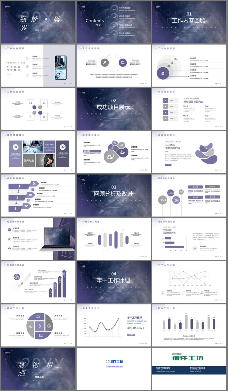 PPT模板-蓝紫星空背景的工作总结汇报PPT模板