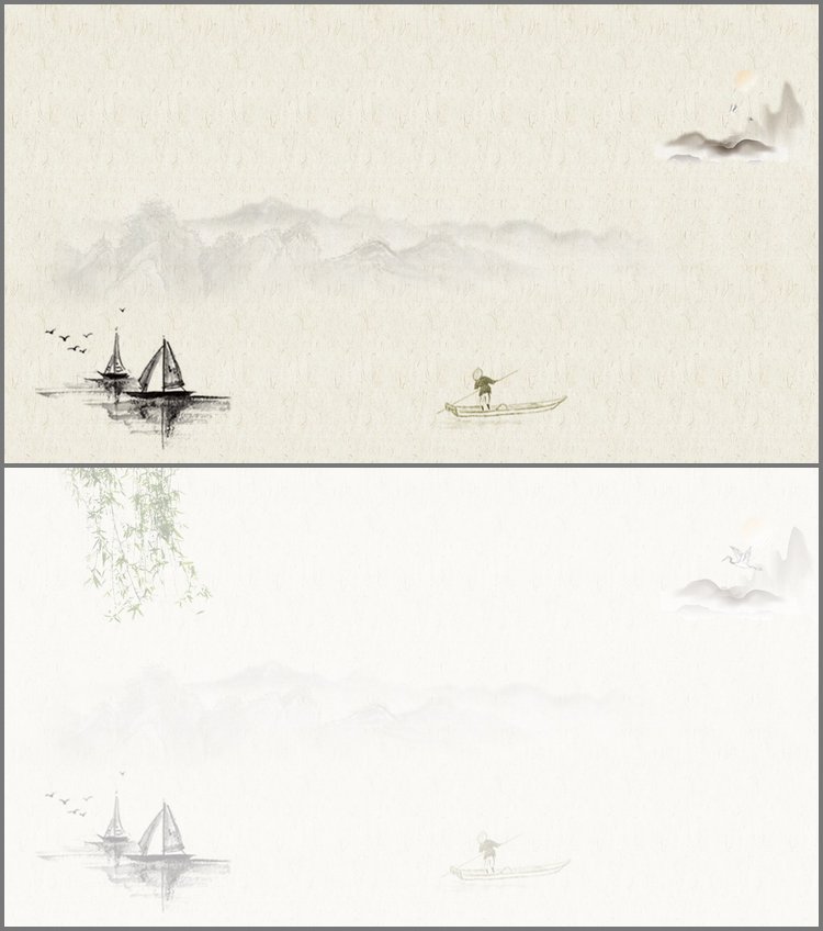 PPT模板-两张泛舟江上水墨中国风PPT背景图片