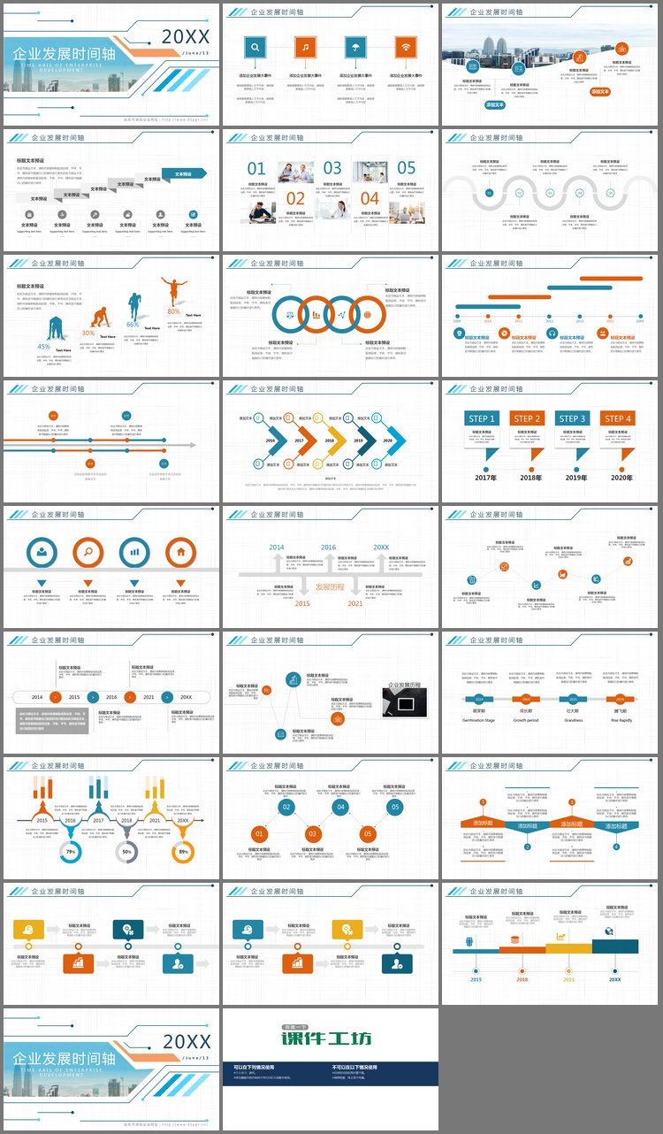 PPT模板-蓝橙配色的企业发展介绍时间轴PPT模板